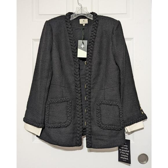 Tuckernuck Shay Jacket, Medium, Black Tweed Collarless Braided Trim Blazer New - Picture 10 of 14